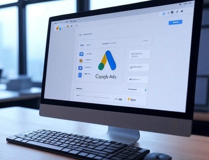 Professional workspace with computer displaying Google Ads interface