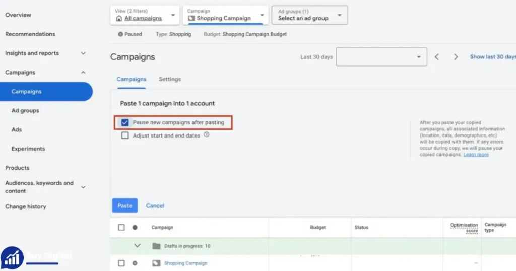 How do I copy a Google Ads campaign from one account to another